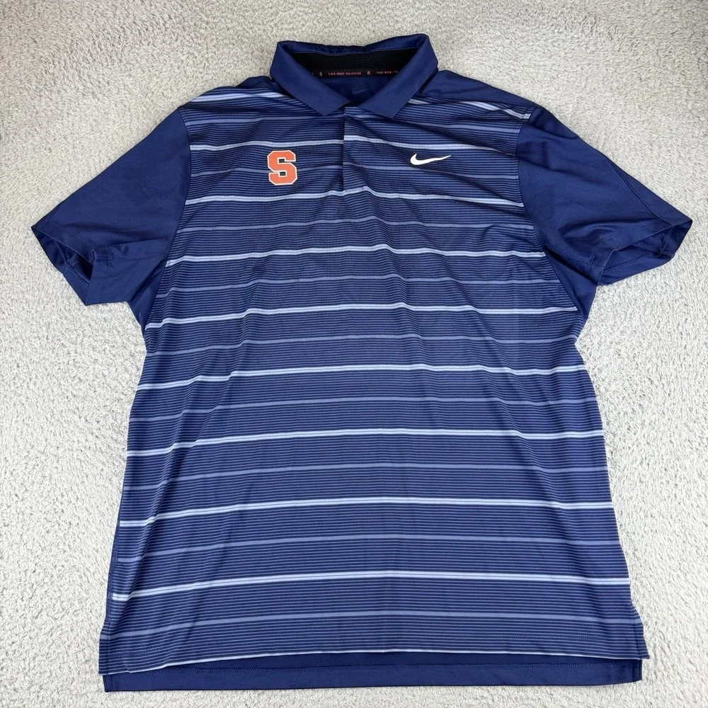 Nike Dri-FIT Tiger Woods Golf Polo Shirt Navy‎ Blue Striped Men's Large Syracuse